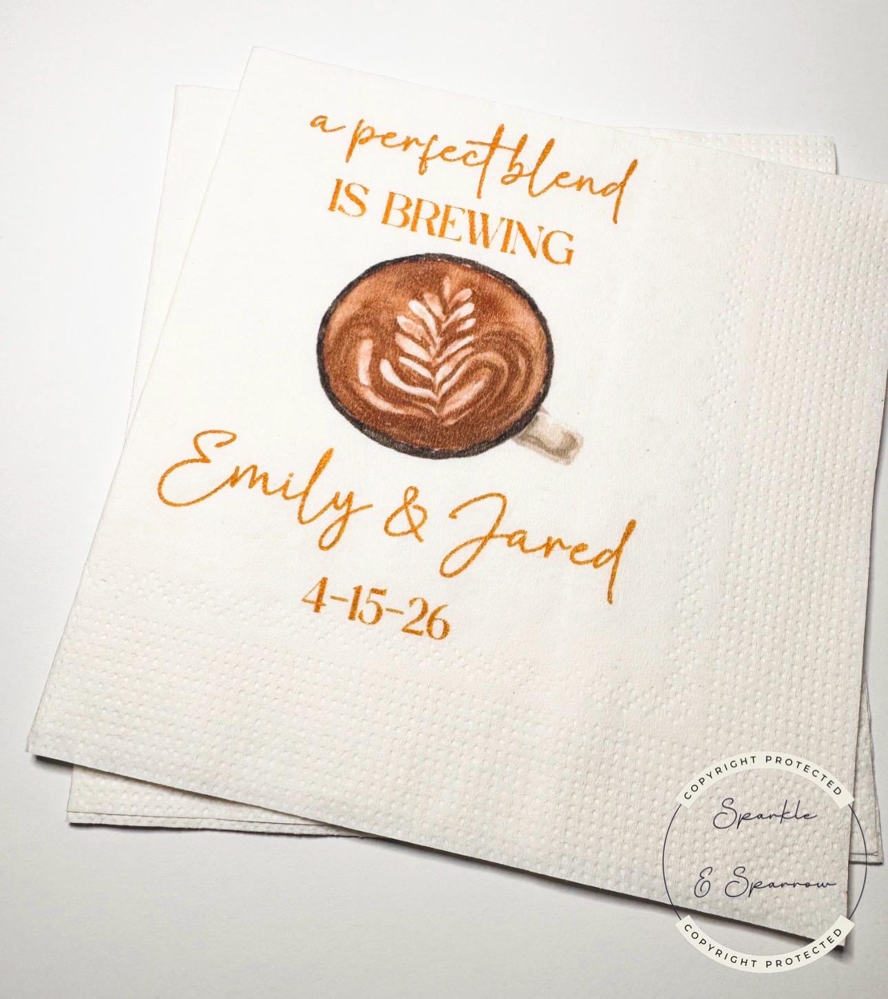 Perfect Blend Coffee Bar Wedding Coffee Bridal Shower Perfect Blend Love is Brewing Personalized Cocktail or Luncheon Napkins, Set of 25
