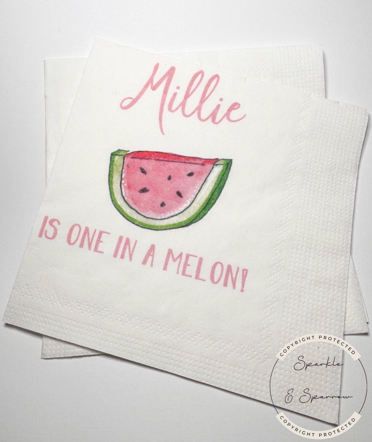 Watermelon One in a Melon First Birthday Summer Birthday Party Girl Melon Party Personalized Cocktail, Luncheon or Dinner Napkins Set of 25