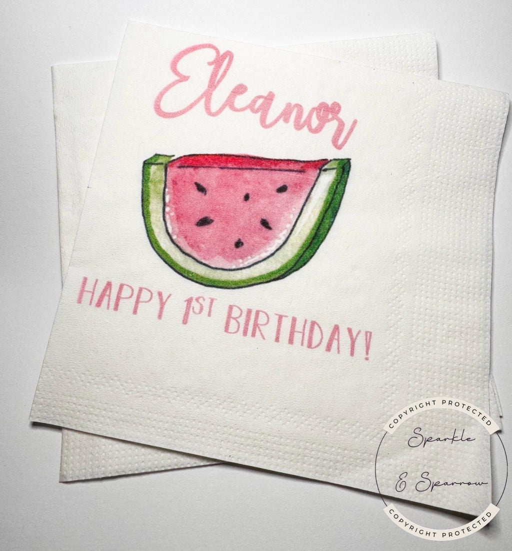 Watermelon One in a Melon First Birthday Summer Birthday Party Girl Melon Party Personalized Cocktail, Luncheon or Dinner Napkins Set of 25