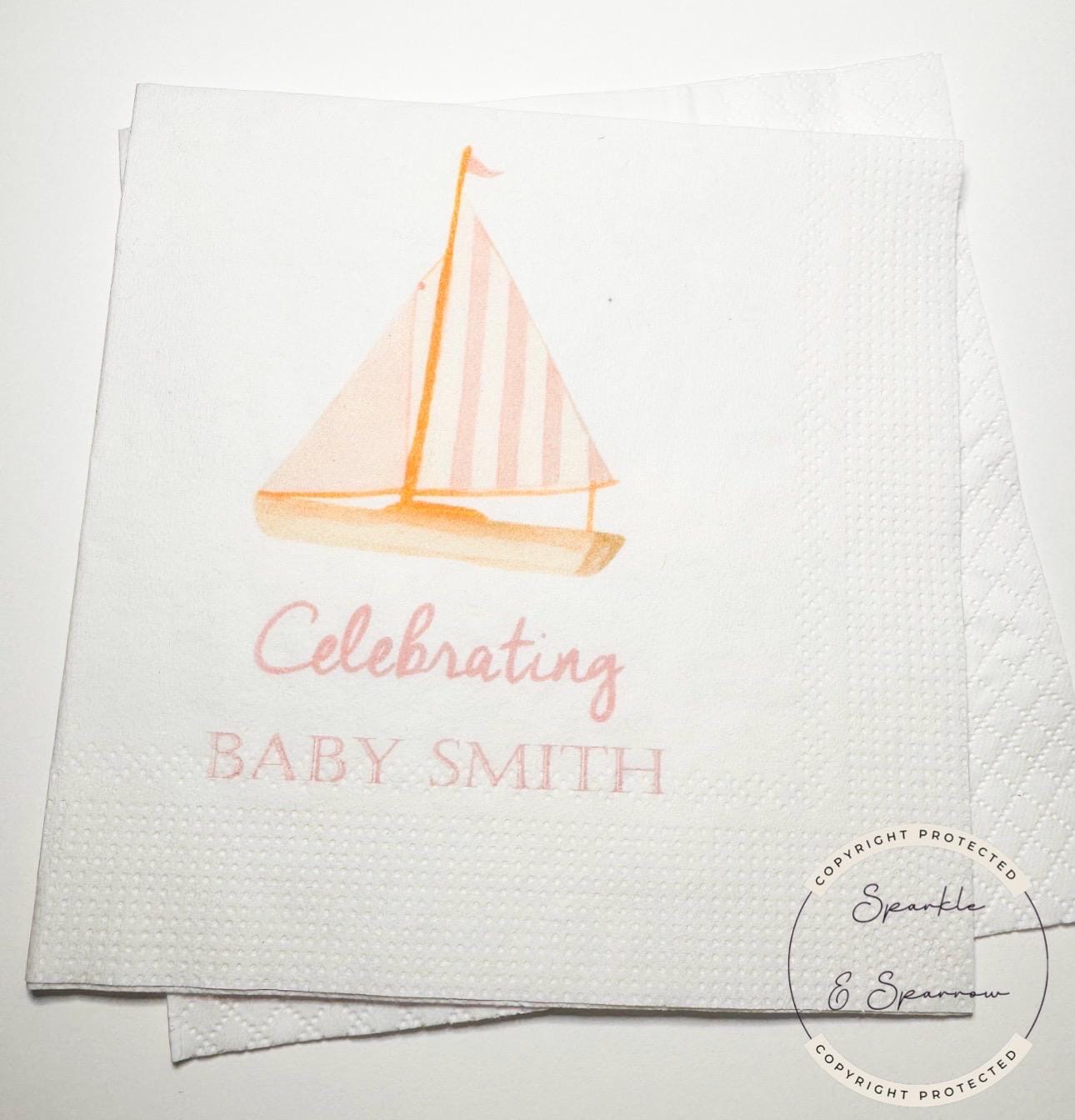 Sailboat Baby Shower Girl Pink Sailboat Nautical Summer Patriotic Shower Personalized Cocktail, Luncheon or Dinner Napkins Set of 25