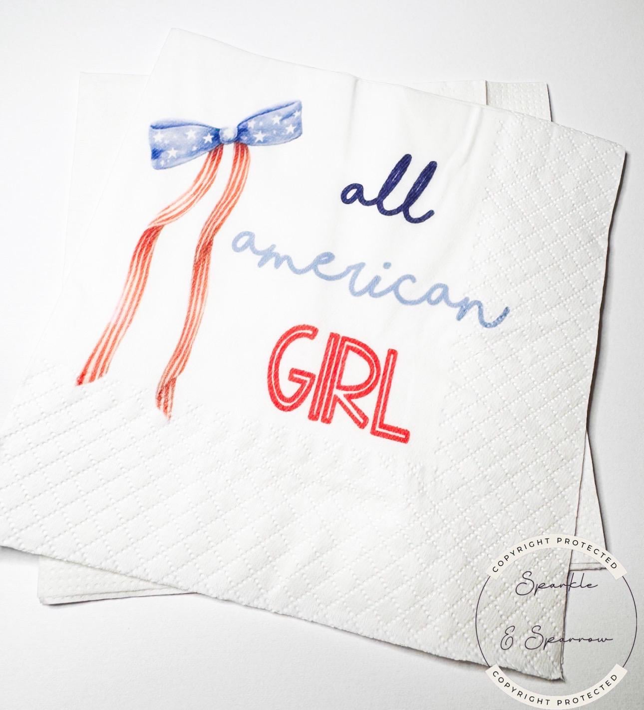 One All American Girl Patriotic 1st Birthday 4th of July Birthday Independence Day Red White Blue Bow Birthday Party Napkins, Set of 25