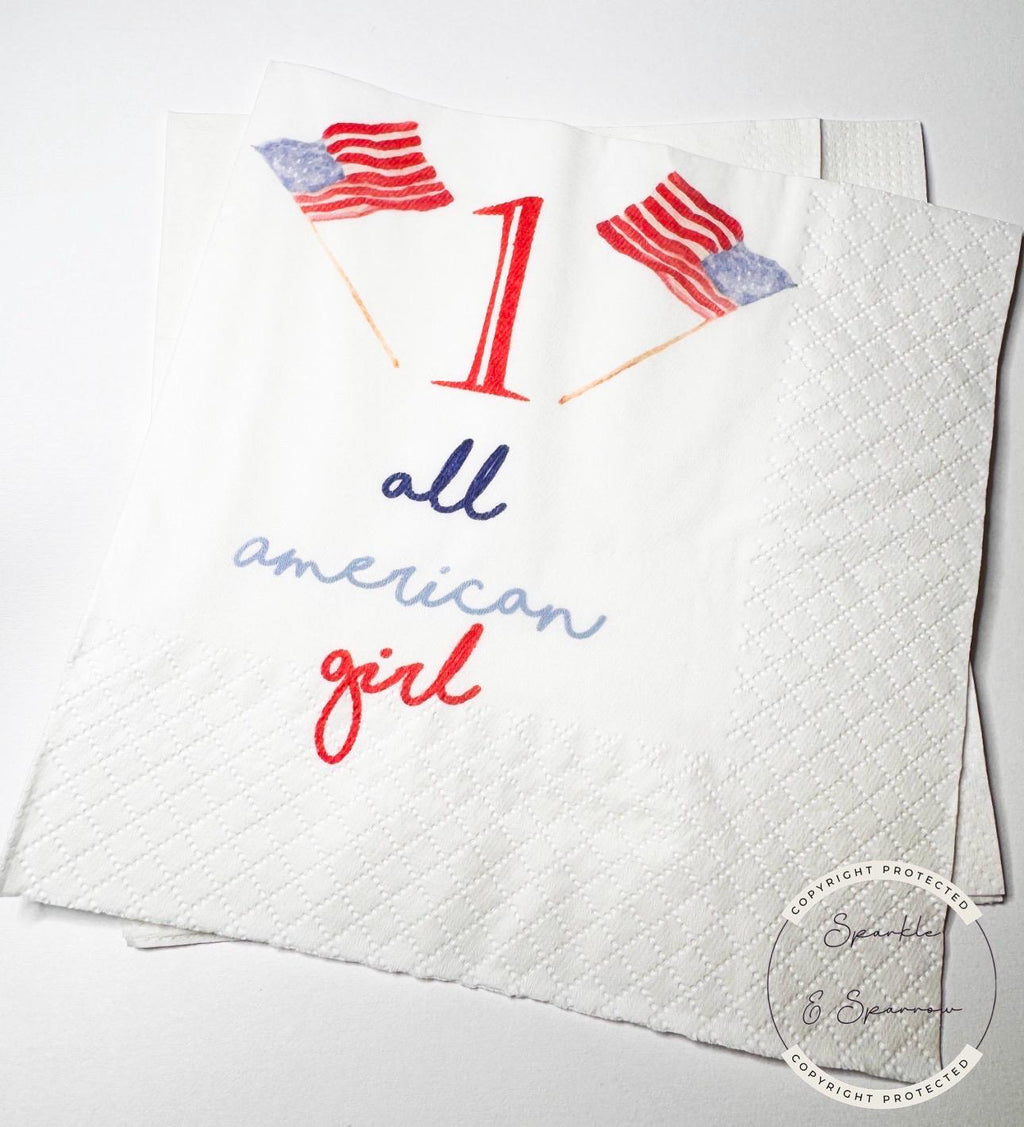 One All American Girl Patriotic 1st Birthday 4th of July Birthday Independence Day Red White Blue Birthday Party Napkins, Set of 25