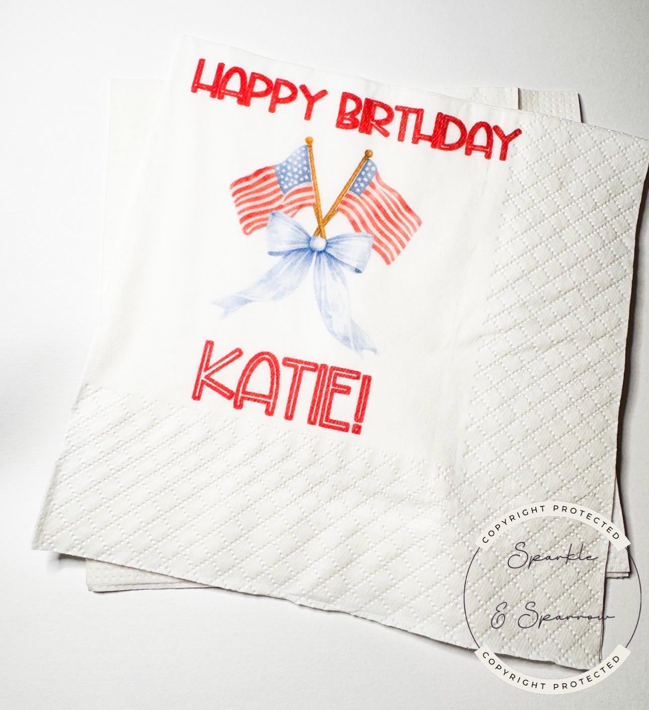 Patriotic Birthday One American Girl Red White Blue Bow Patriotic 4th of July Bday Personalized Cocktail, Lunch or Dinner Napkins, Set of 25