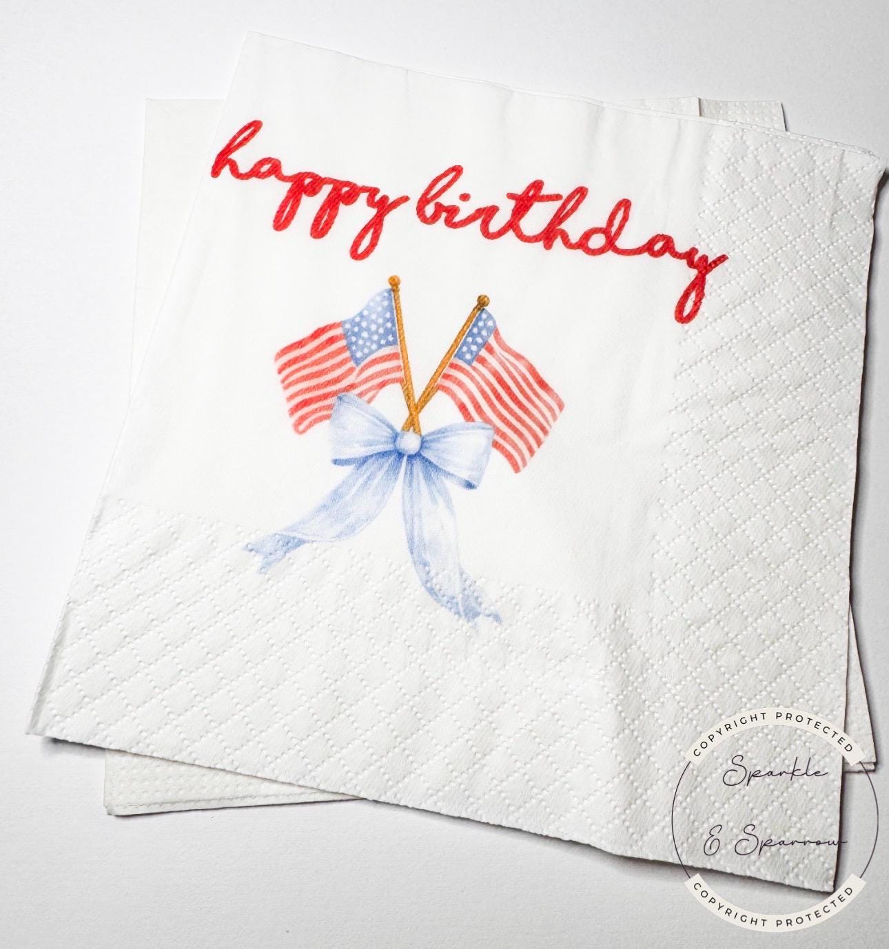 Patriotic Birthday 4th of July Birthday Red White Blue American Flag Birthday Blue Bow Memorial Cocktail, Lunch or Dinner Napkins, Set of 25