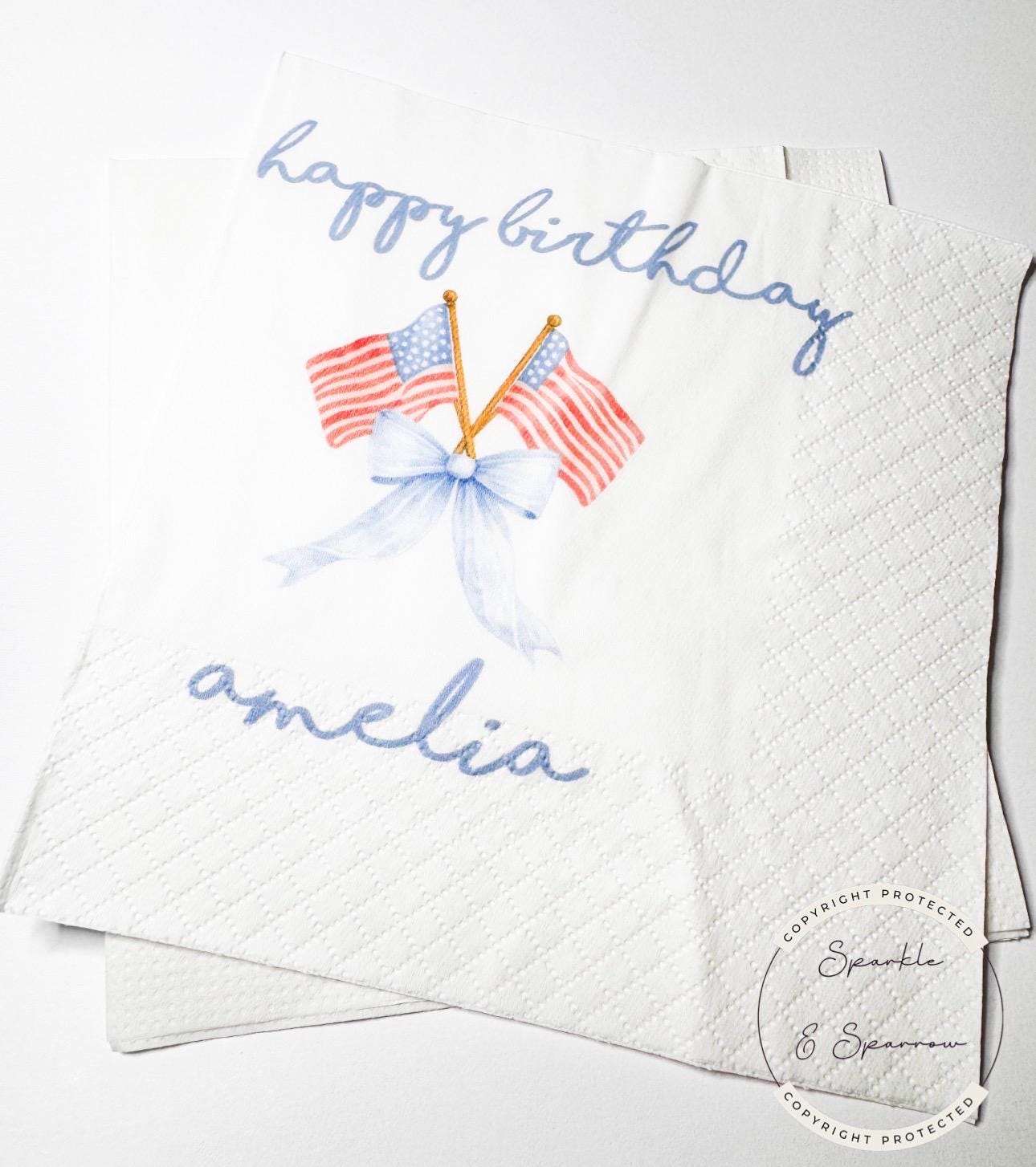 Patriotic Birthday One American Girl Red White Blue Bow Patriotic 4th of July Bday Personalized Cocktail, Lunch or Dinner Napkins, Set of 25
