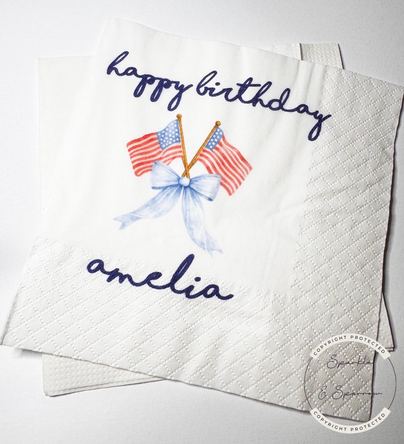 Patriotic Birthday One American Girl Red White Blue Bow Patriotic 4th of July Bday Personalized Cocktail, Lunch or Dinner Napkins, Set of 25