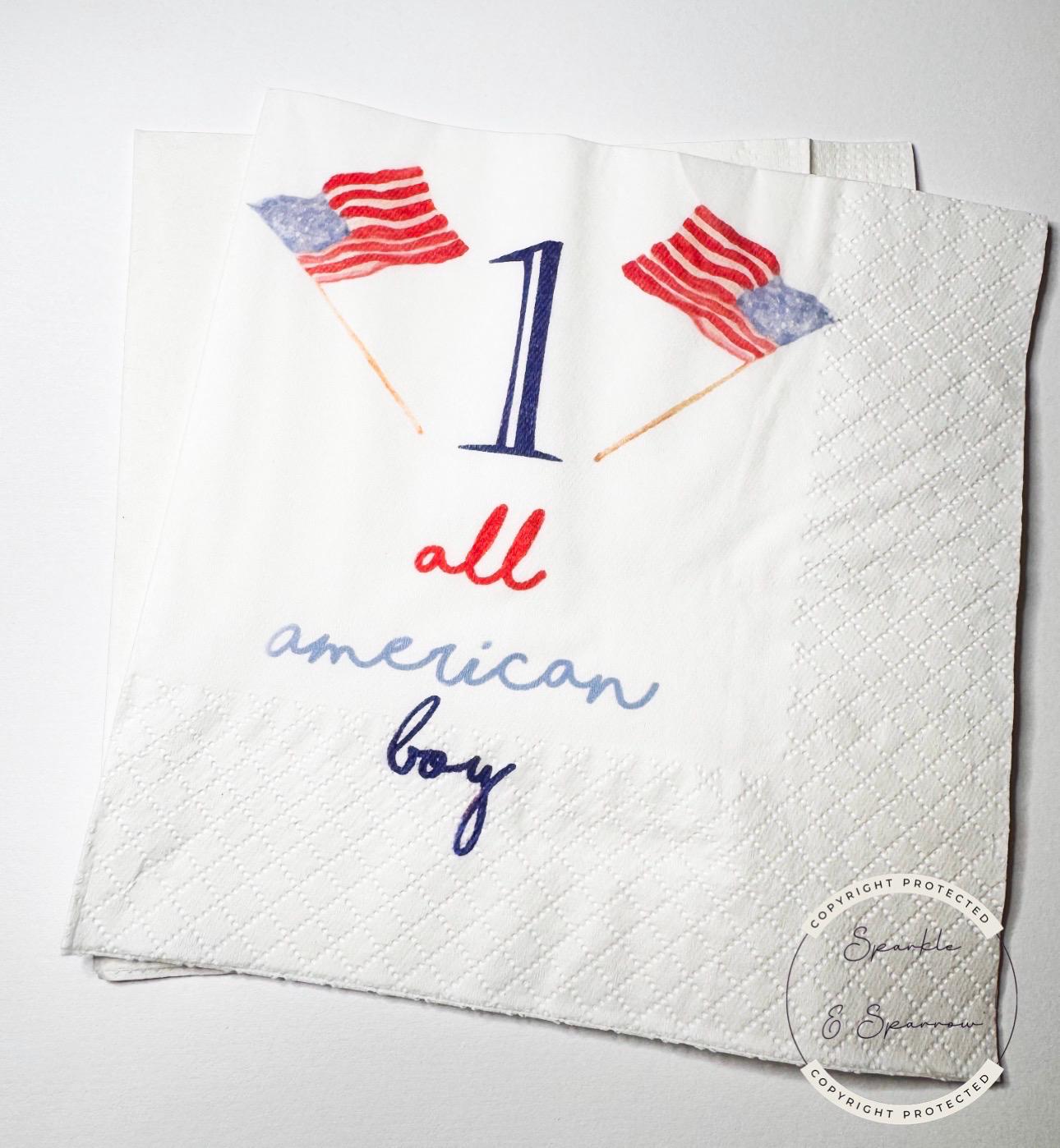 One All American Boy Patriotic 1st Birthday 4th of July Birthday Independence Day Red White Blue Birthday Party Napkins, Set of 25