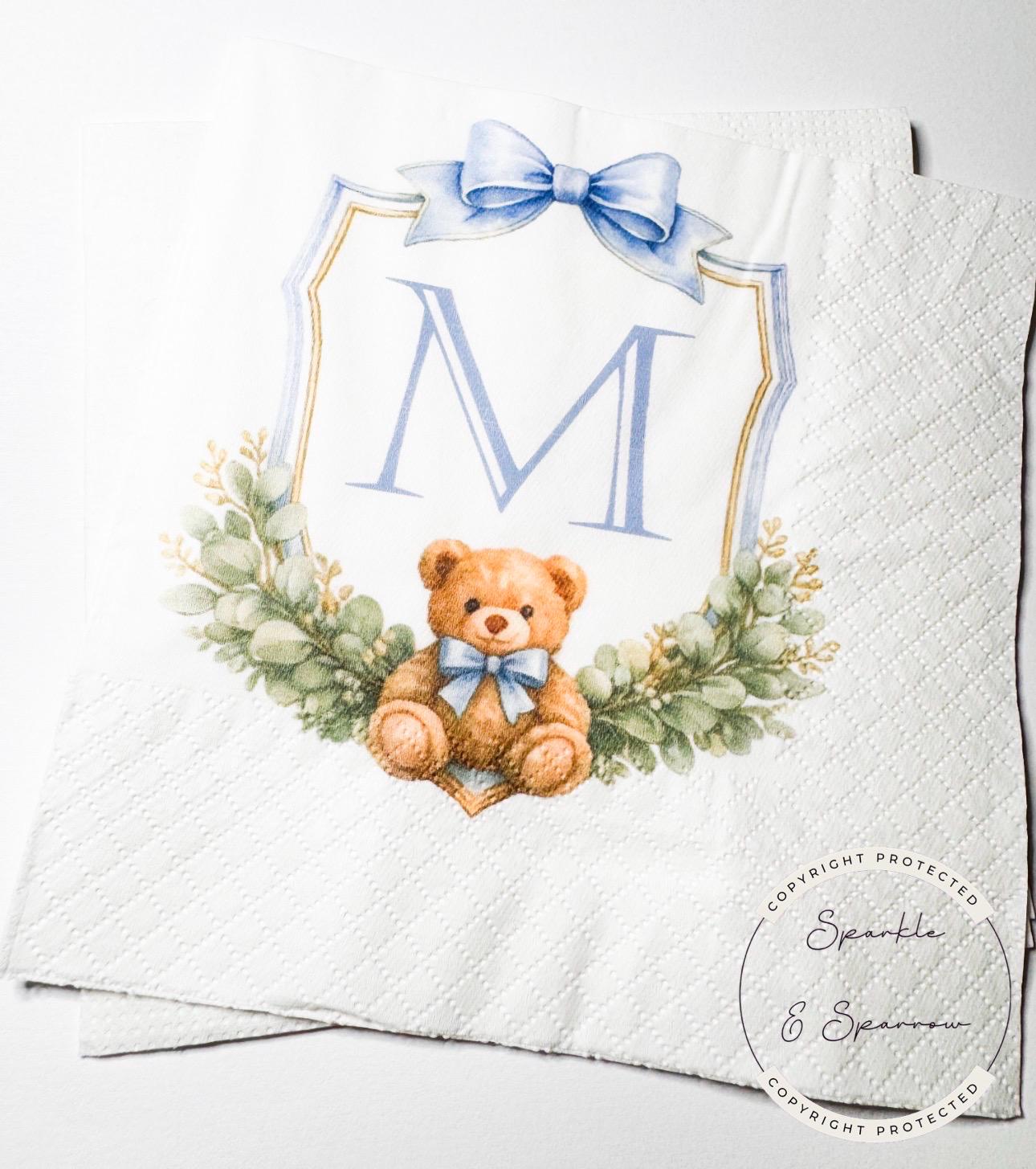 Teddy Bear Baby Shower We can Bearly Wait Shower Teddy Bear Blue Bow Birthday Personalized Cocktail, Luncheon or Dinner Napkins Set of 25