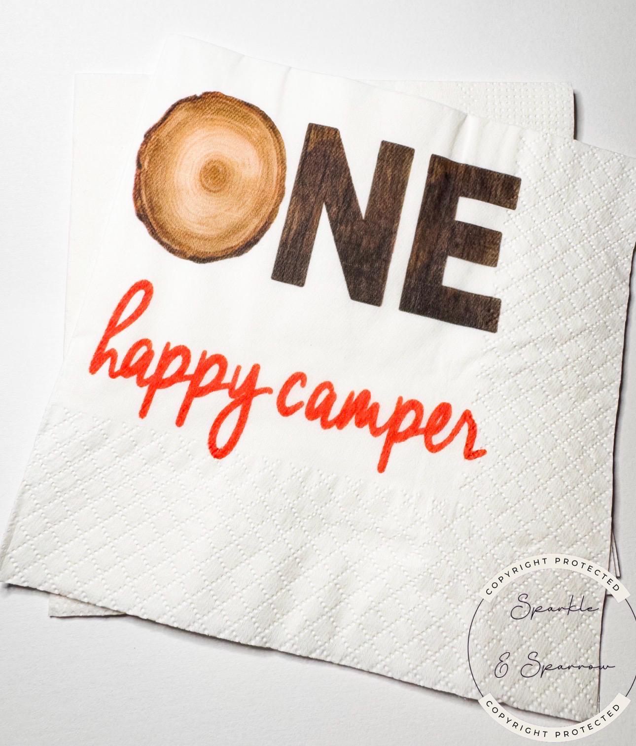 One Happy Camper First Birthday Camping Birthday Party Summer Camp Woodland Adventure Birthday Cocktail or Luncheon Napkins, Set of 25