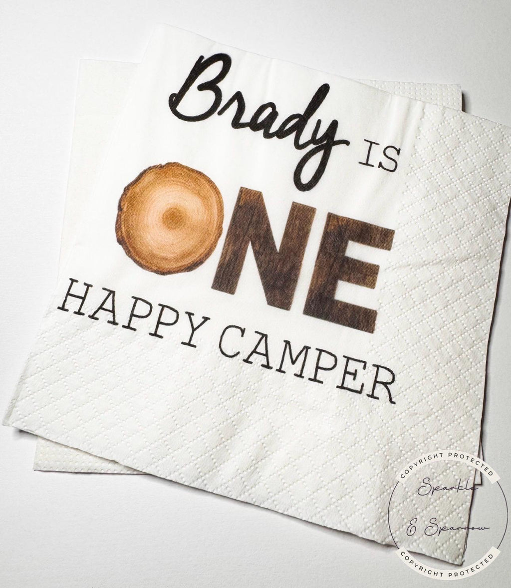 One Happy Camper First Birthday Camping Birthday Party Summer Camp Woodland Personalized Birthday Cocktail or Luncheon Napkins, Set of 25