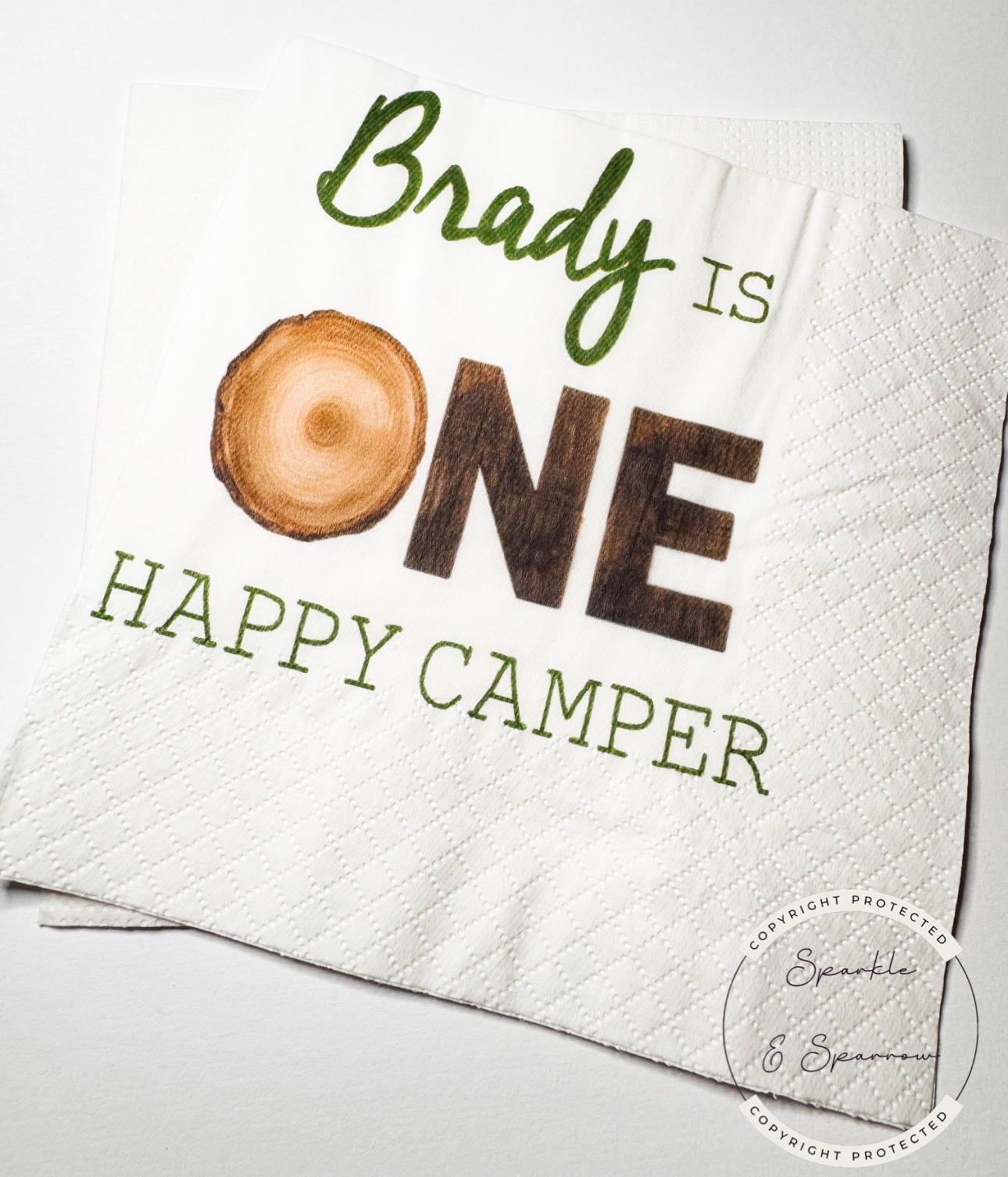 One Happy Camper First Birthday Camping Birthday Party Summer Camp Woodland Personalized Birthday Cocktail or Luncheon Napkins, Set of 25