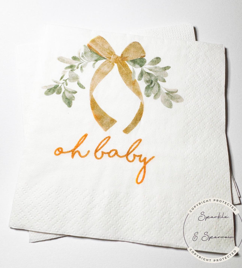 Oh Baby Sage Green Bow Baby Shower Oh Baby Rustic Greenery Napkins Neutral Bow Baby Napkins Cocktail, Luncheon or Dinner Napkins Set of 25