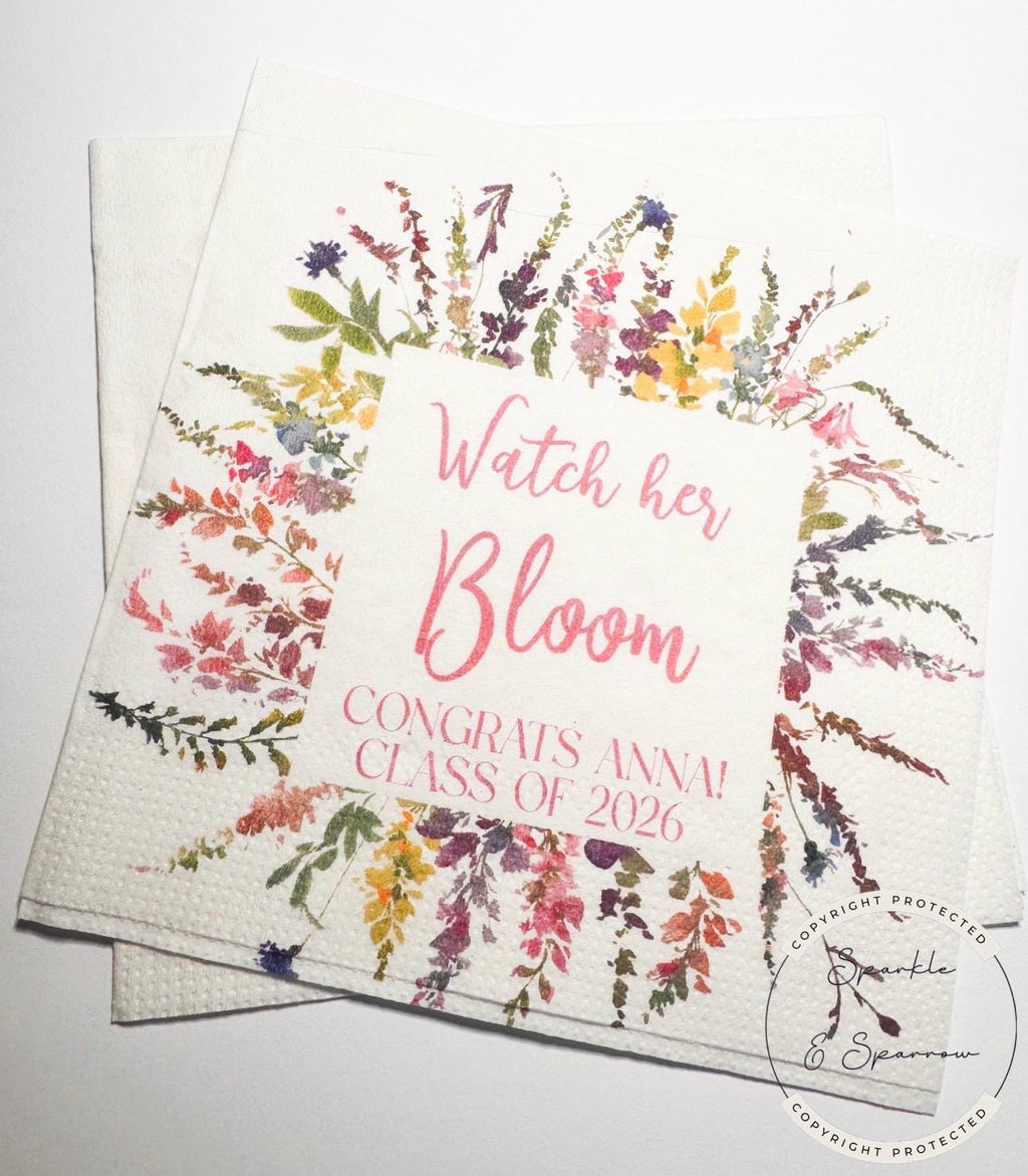 Wildflower Graduation Party Watch Her Bloom Spring Floral Graduation Party 2026 Personalized Cocktail, Luncheon or Dinner Napkins Set of 25