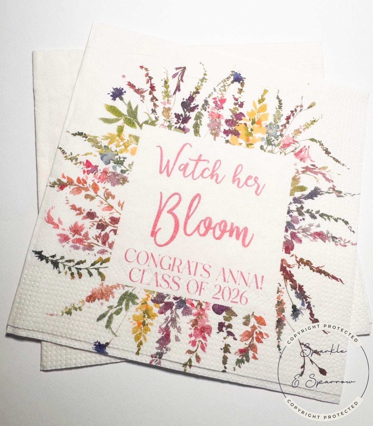 Wildflower Graduation Party Watch Her Bloom Spring Floral Graduation Party 2026 Personalized Cocktail, Luncheon or Dinner Napkins Set of 25