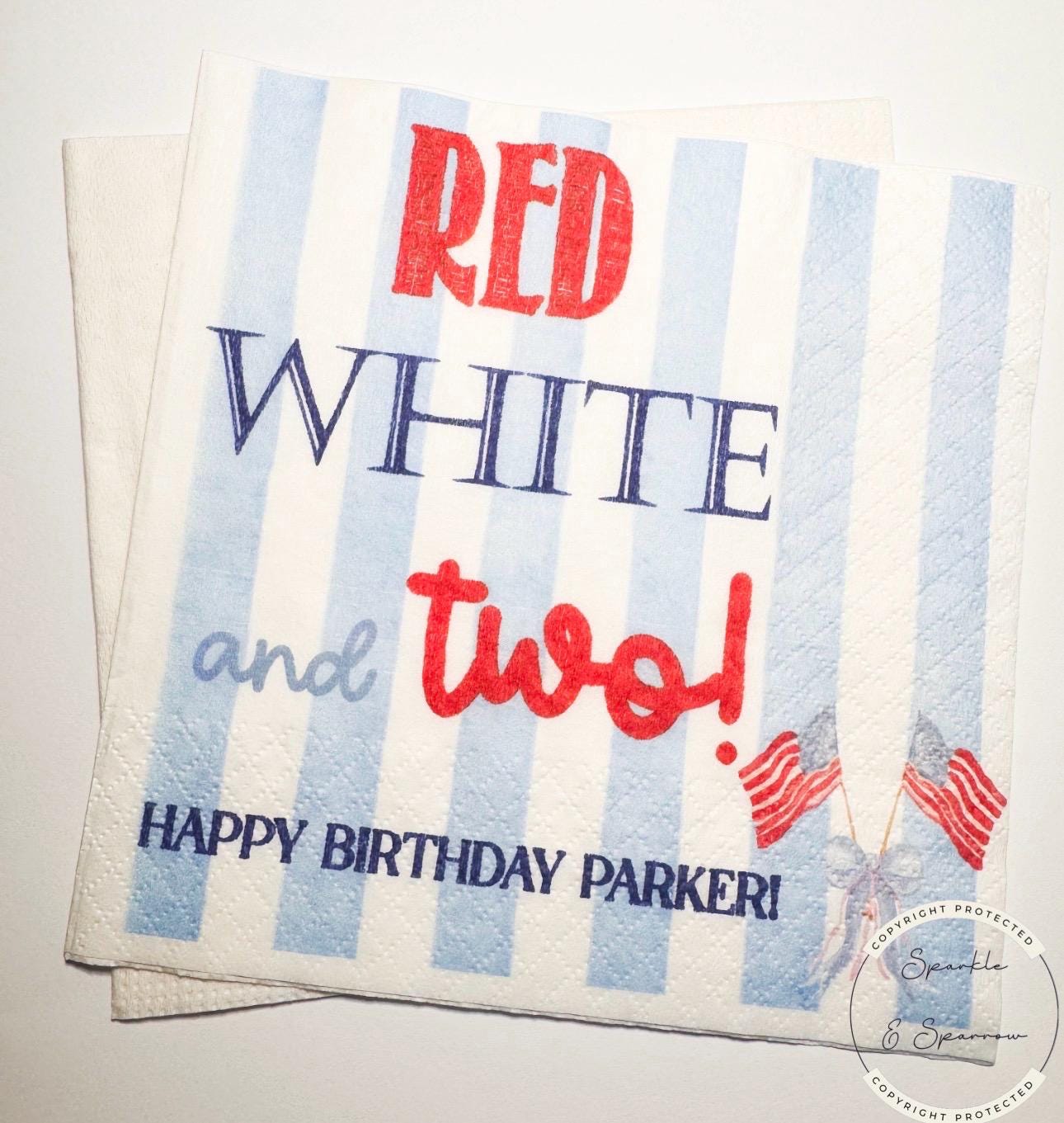 Red White and Two Firecracker Birthday July 4th Birthday Patriotic Red White Blue Personalized Cocktail or Luncheon Napkins, Set of 25