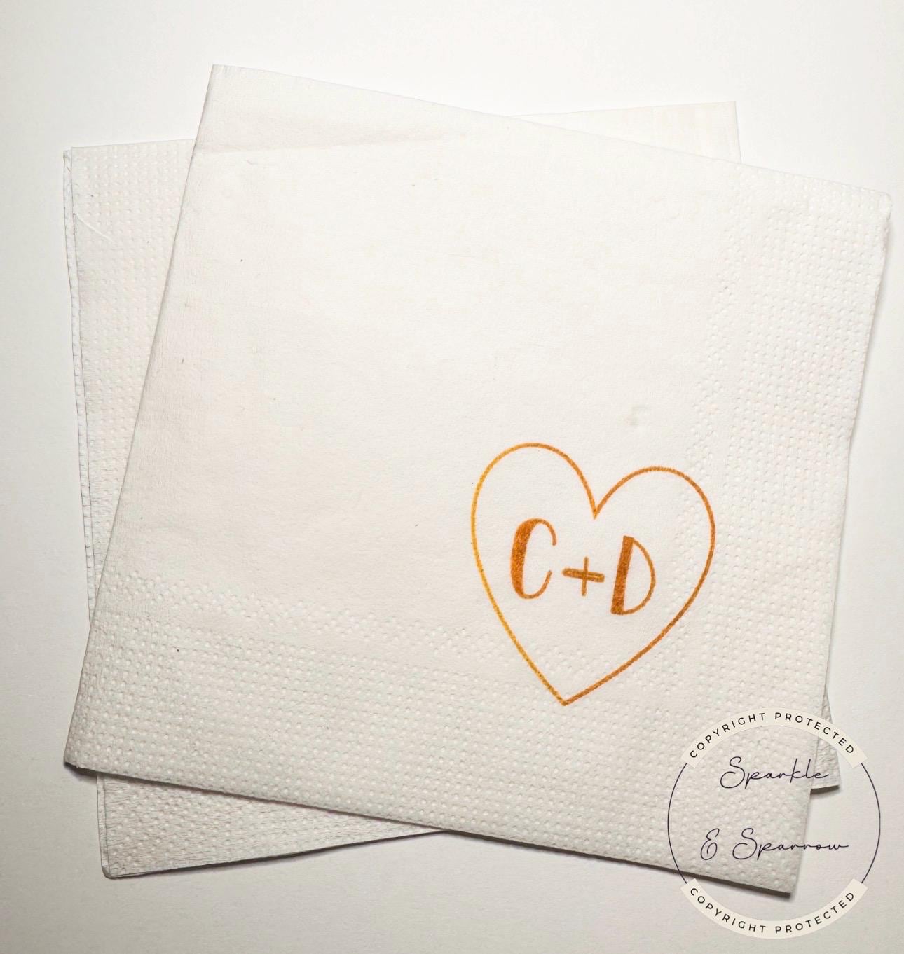 Heart Initials Wedding Napkin Bridal Shower Gold Bridal Shower Gold Wedding Personalized Cocktail, Luncheon or Dinner Napkins Set of 25