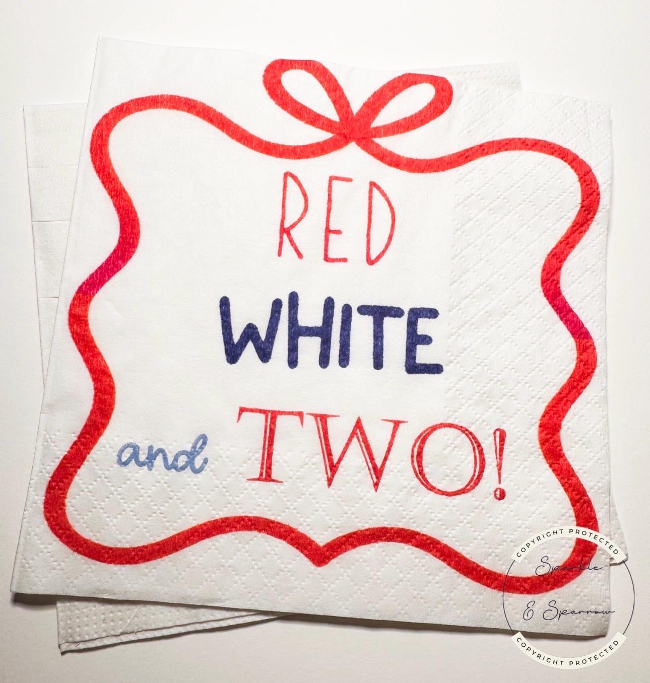 Red White and Two Patriotic Birthday Red Bow July 4th Birthday Red White Blue 2nd Birthday Party Cocktail or Luncheon Napkins, Set of 25
