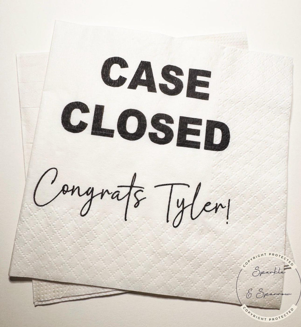 Law Graduation Party Napkins Case Closed Law School Graduation Party Decor Personalized Cocktail, Luncheon or Dinner Napkins Set of 25