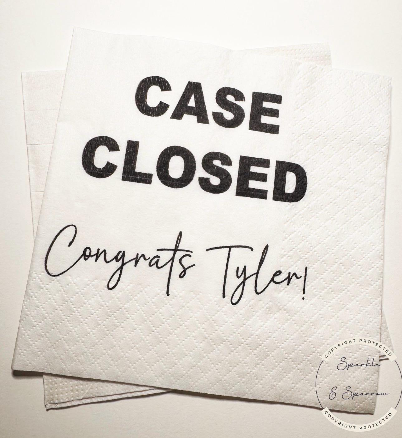 Law Graduation Party Napkins Case Closed Law School Graduation Party Decor Personalized Cocktail, Luncheon or Dinner Napkins Set of 25
