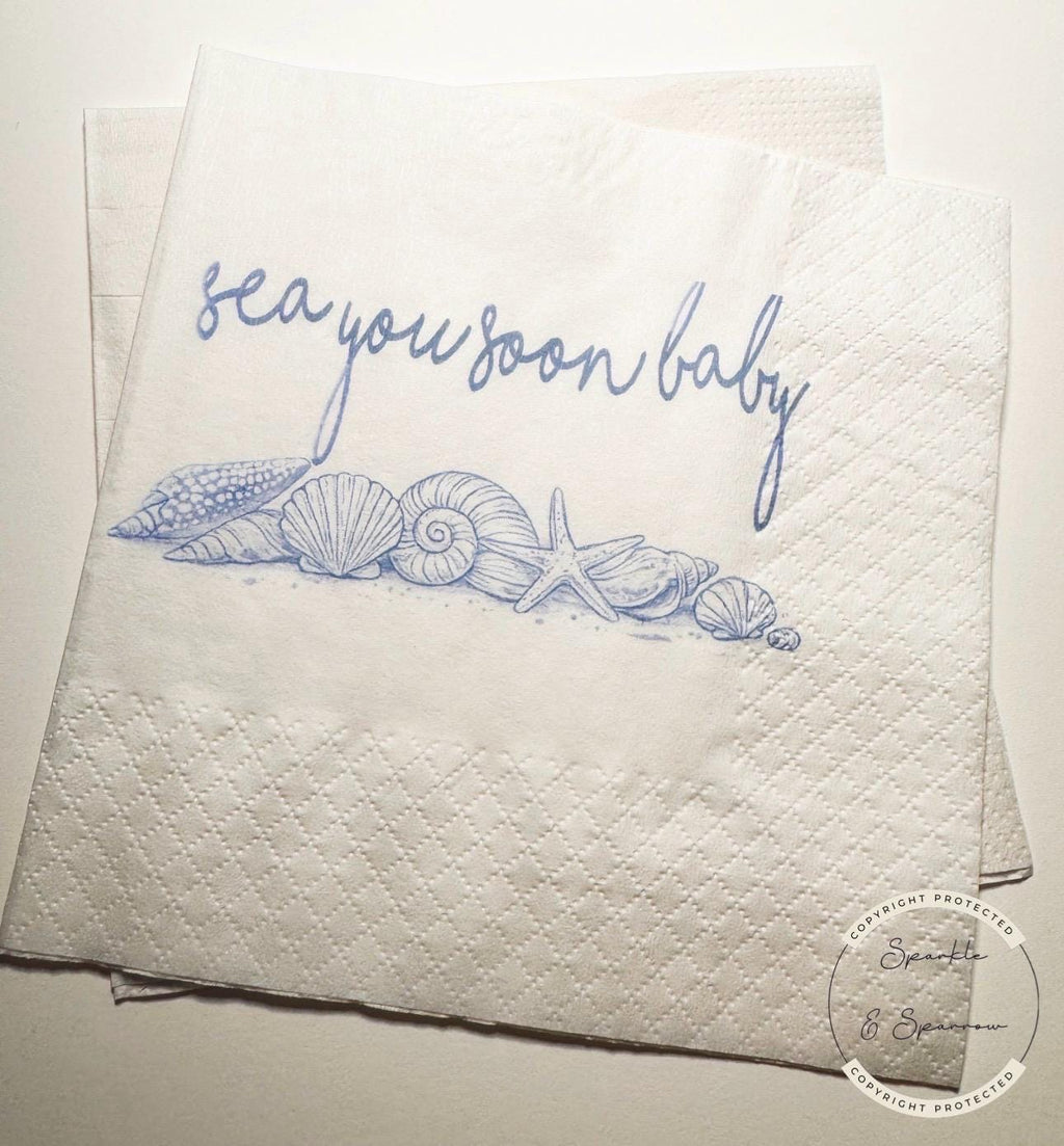 Sea You Soon Baby Shower Coastal Baby Shower Seashell Summer Baby Shower Nautical Baby Shower Cocktail or Luncheon Napkins, Set of 25
