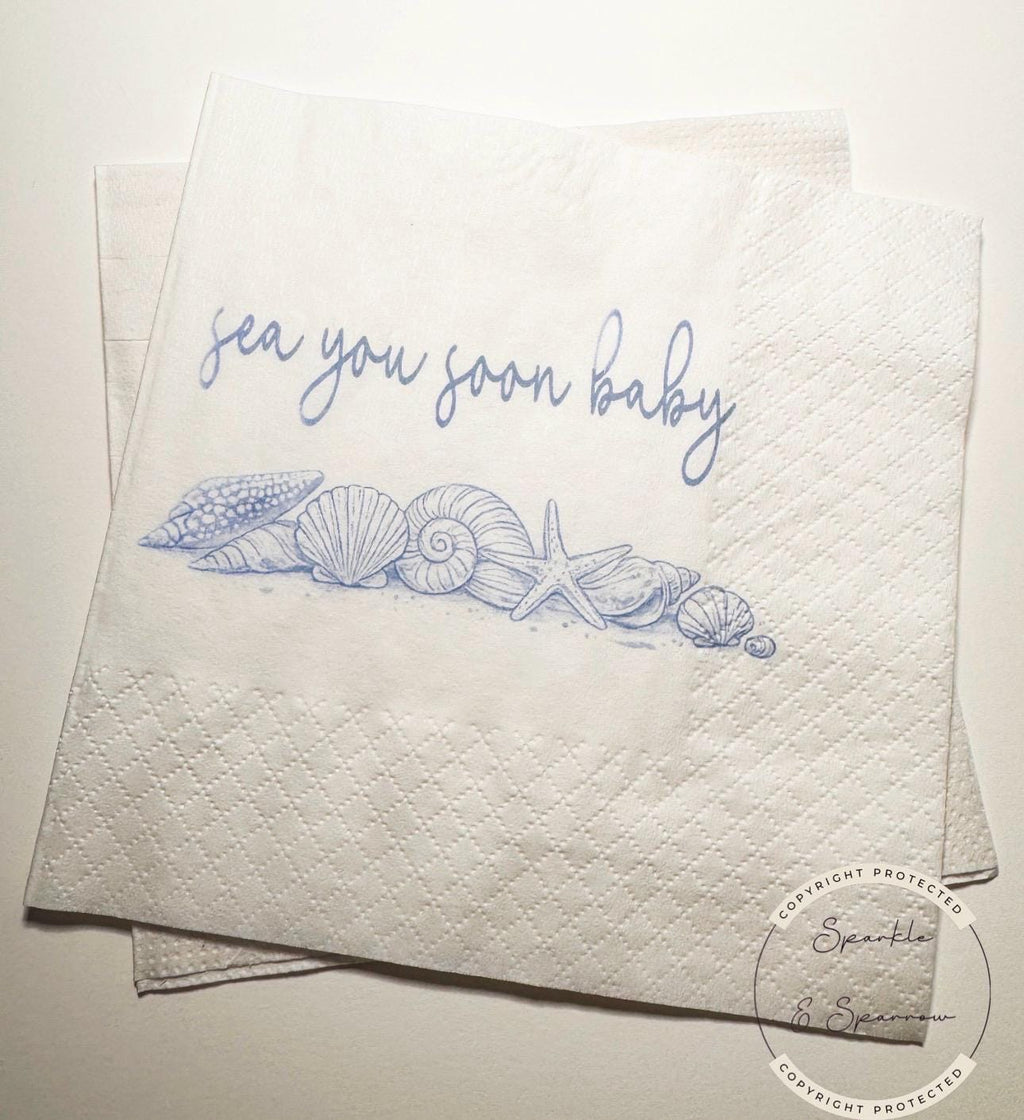 Sea You Soon Baby Shower Coastal Baby Shower Seashell Summer Baby Shower Nautical Baby Shower Cocktail or Luncheon Napkins, Set of 25