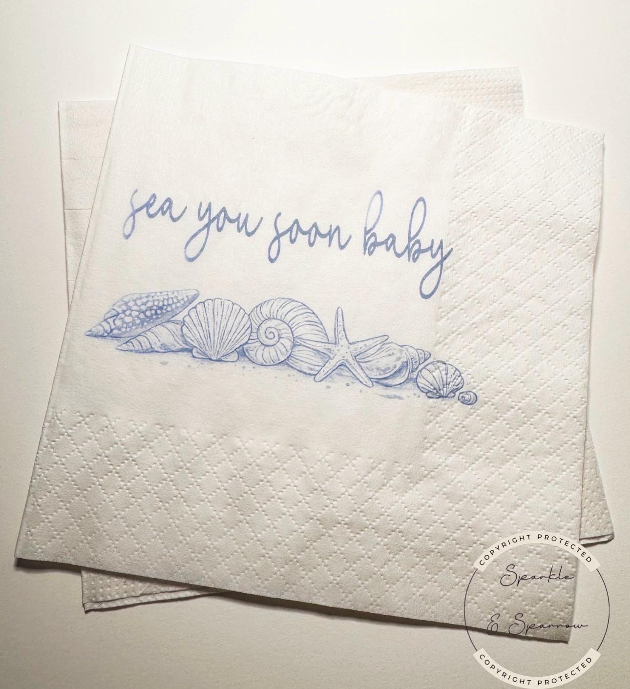 Sea You Soon Baby Shower Coastal Baby Shower Seashell Summer Baby Shower Nautical Baby Shower Cocktail or Luncheon Napkins, Set of 25