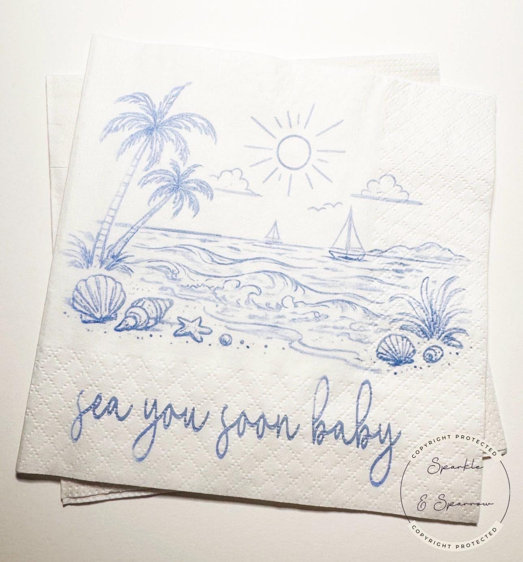 Sea You Soon Baby Shower Coastal Baby Shower Seashell Summer Baby Shower Nautical Personalized Cocktail or Luncheon Napkins, Set of 25