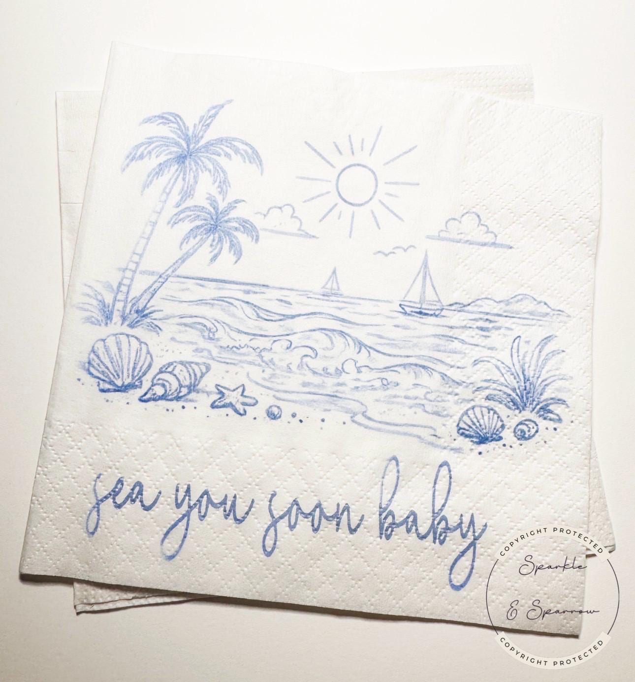 Sea You Soon Baby Shower Coastal Baby Shower Seashell Summer Baby Shower Nautical Personalized Cocktail or Luncheon Napkins, Set of 25