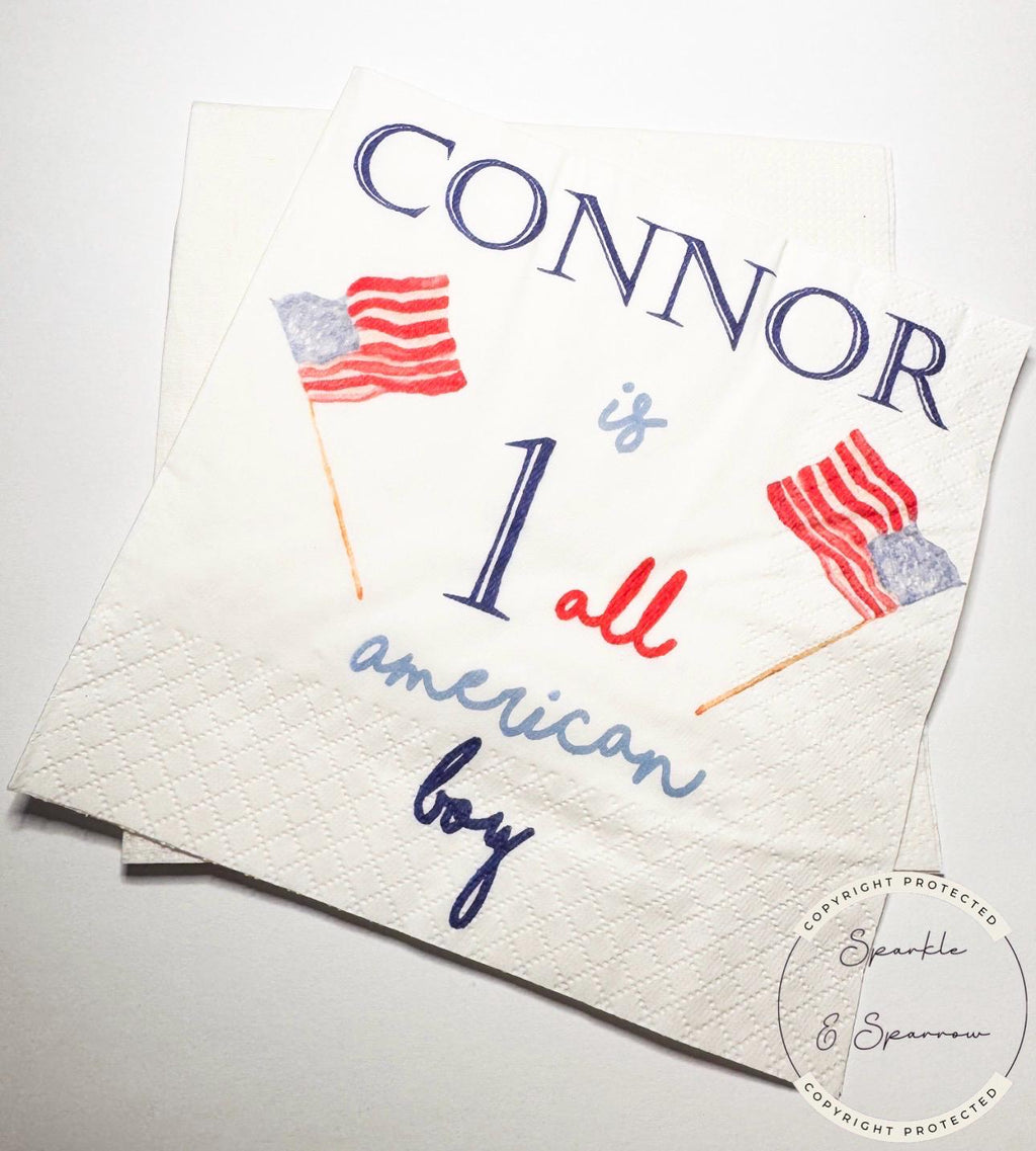 One All American Boy Patriotic 1st Birthday 4th of July Birthday Red White Blue Personalized Birthday Party Cocktail Napkins, Set of 25