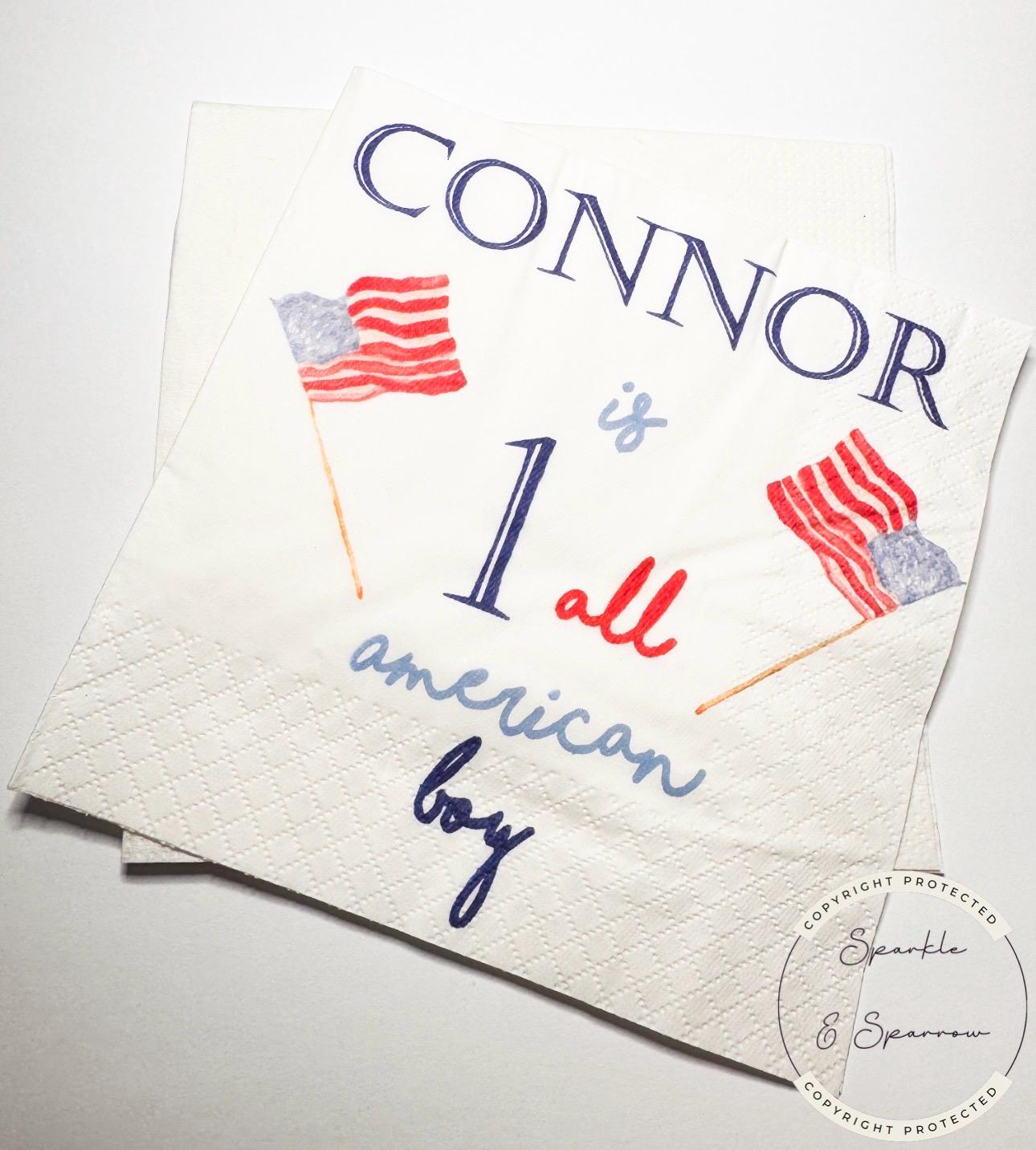 One All American Boy Patriotic 1st Birthday 4th of July Birthday Red White Blue Personalized Birthday Party Cocktail Napkins, Set of 25
