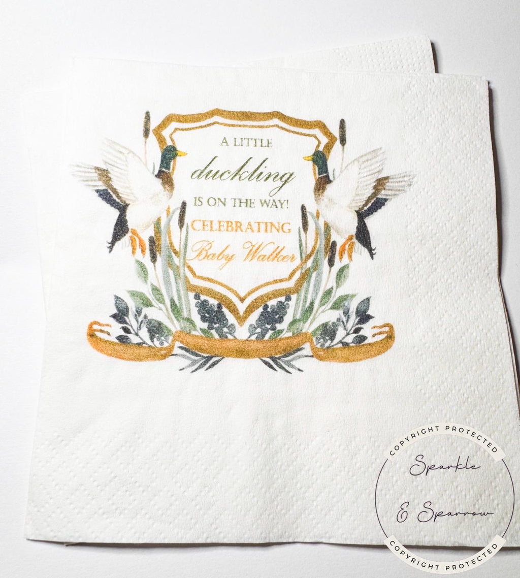 Duck Baby Shower Little Duckling is on the Way Mallard Duck Gender Neutral Personalized Cocktail, Luncheon or Dinner Napkins Set of 25