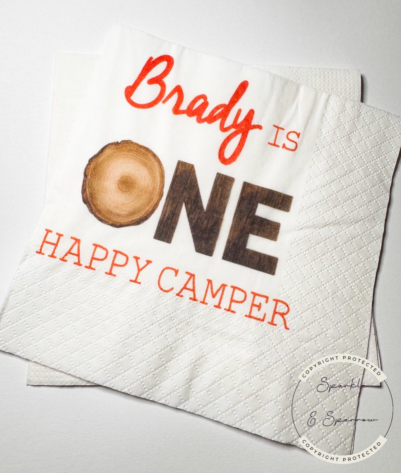 One Happy Camper First Birthday Camping Birthday Party Summer Camp Woodland Personalized Birthday Cocktail or Luncheon Napkins, Set of 25