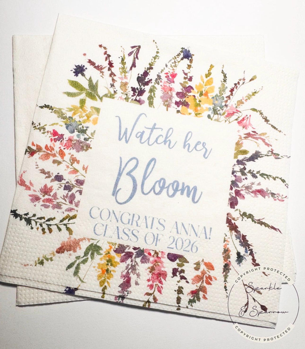 Wildflower Graduation Party Watch Her Bloom Spring Floral Graduation Party 2026 Personalized Cocktail, Luncheon or Dinner Napkins Set of 25