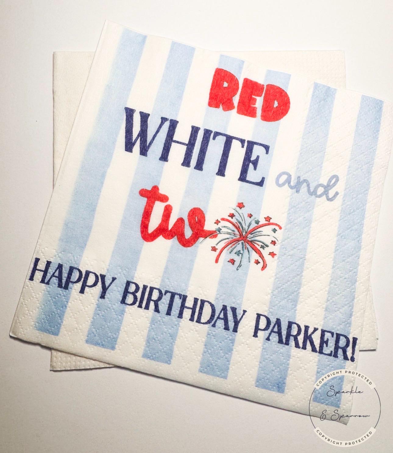 Red White and Two Firecracker Birthday July 4th Birthday Patriotic Red White Blue Personalized Cocktail or Luncheon Napkins, Set of 25