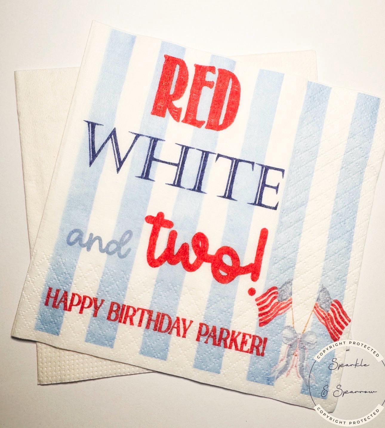 Red White and Two Firecracker Birthday July 4th Birthday Patriotic Red White Blue Personalized Cocktail or Luncheon Napkins, Set of 25