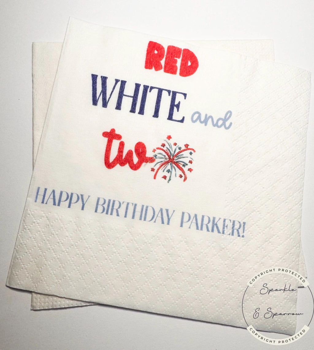 Red White and Two Firecracker Birthday July 4th Birthday Patriotic Red White Blue Personalized Cocktail or Luncheon Napkins, Set of 25