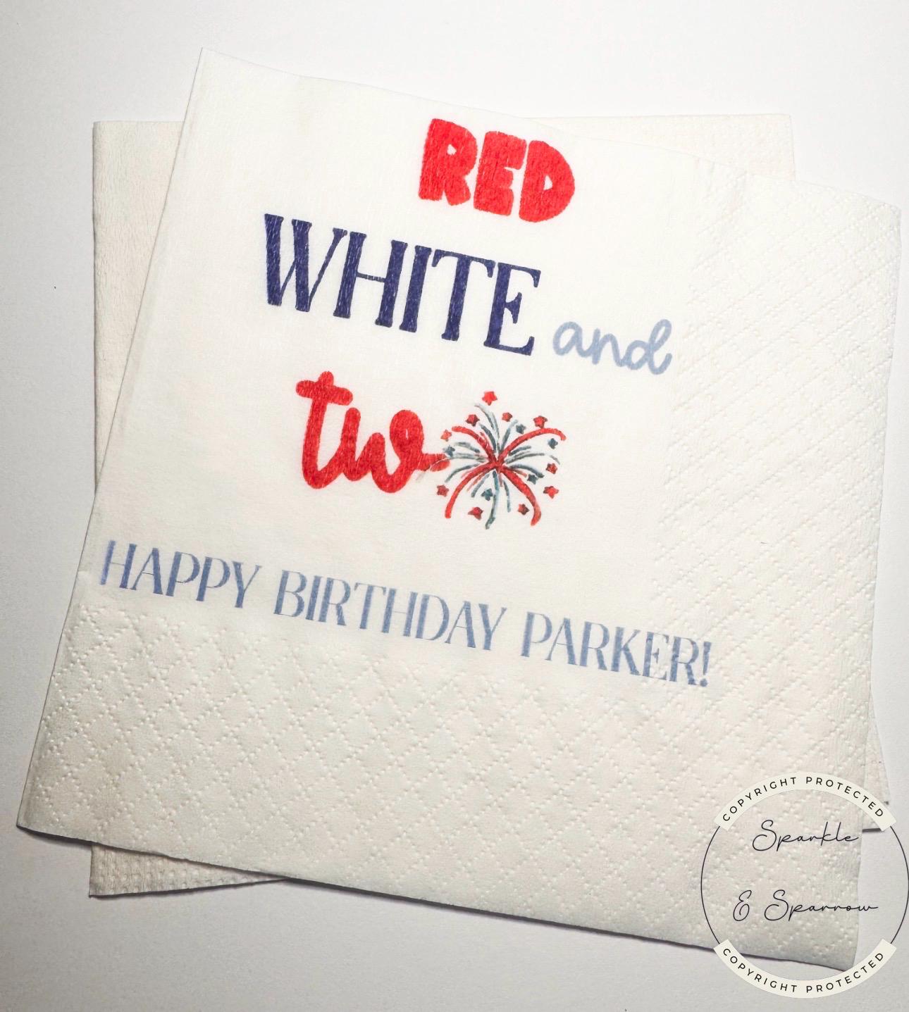Red White and Two Firecracker Birthday July 4th Birthday Patriotic Red White Blue Personalized Cocktail or Luncheon Napkins, Set of 25