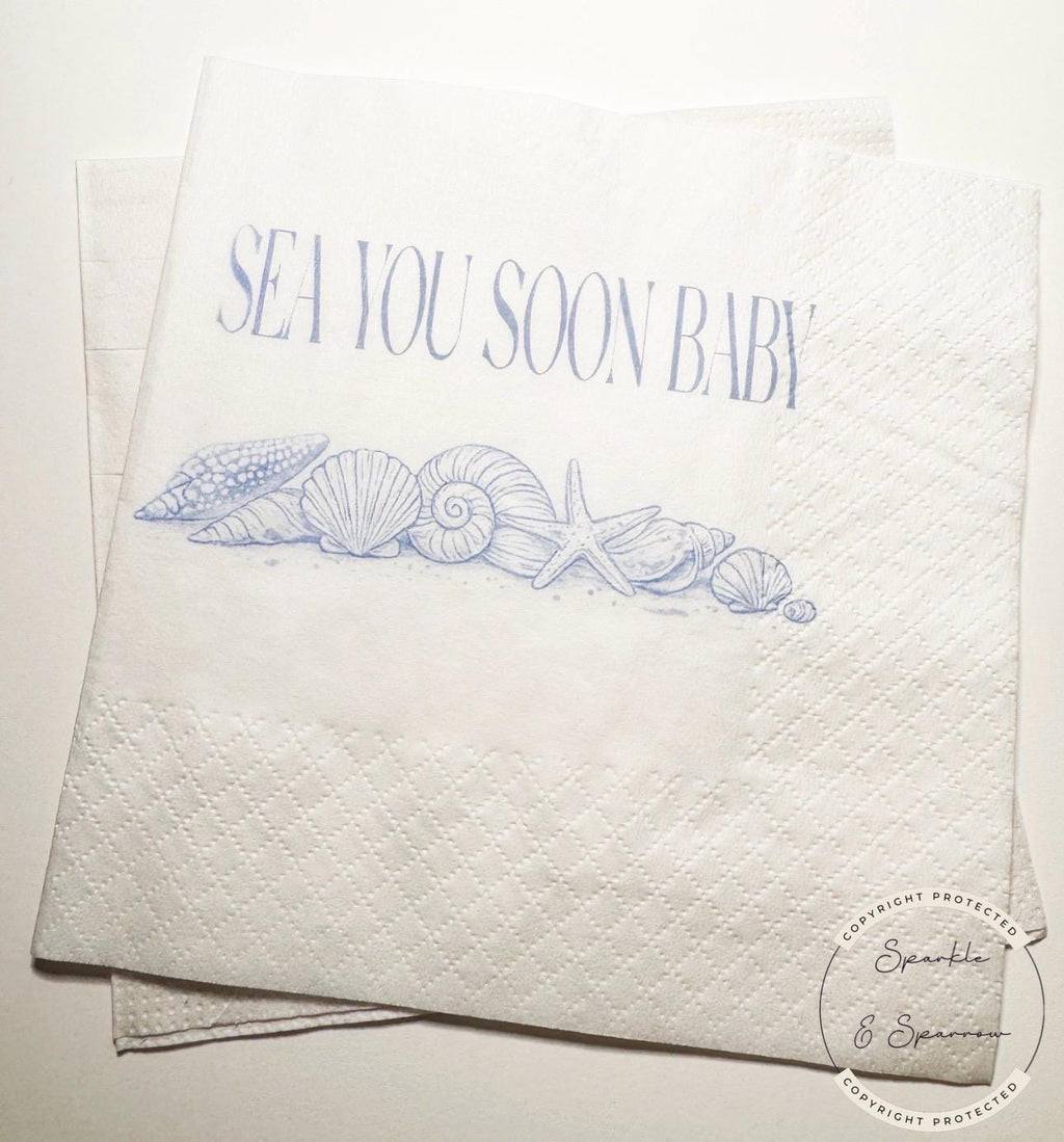Sea You Soon Baby Shower Coastal Baby Shower Seashell Summer Baby Shower Nautical Baby Shower Cocktail or Luncheon Napkins, Set of 25