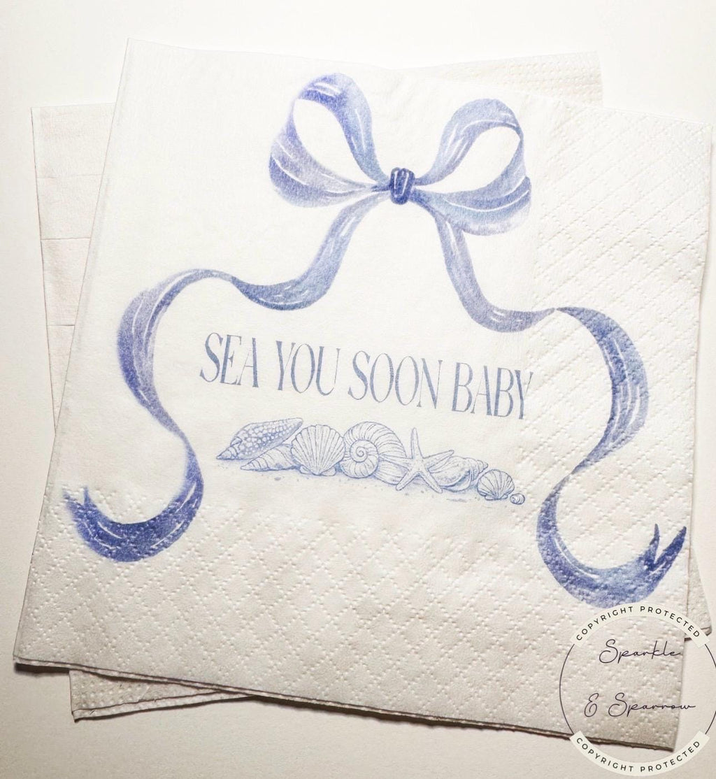 Sea You Soon Baby Shower Coastal Baby Shower Seashell Summer Bow Baby Shower Nautical Baby Shower Cocktail or Luncheon Napkins, Set of 25