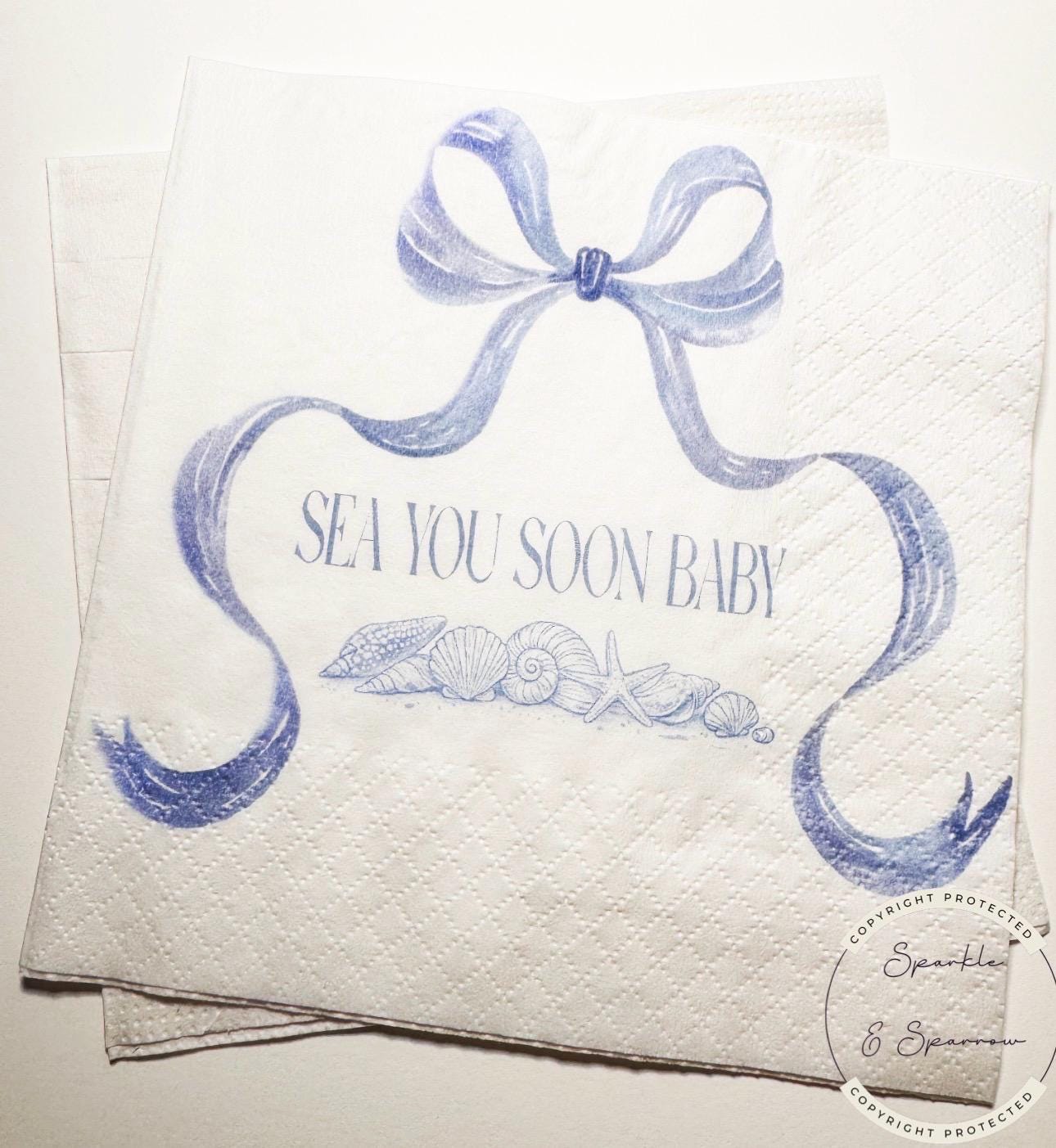 Sea You Soon Baby Shower Coastal Baby Shower Seashell Summer Bow Baby Shower Nautical Baby Shower Cocktail or Luncheon Napkins, Set of 25
