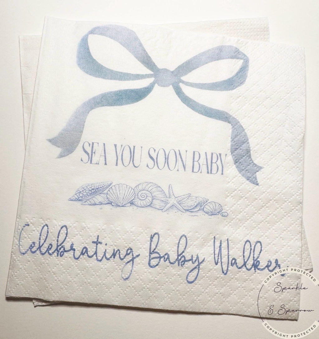 Sea You Soon Baby Shower Coastal Baby Shower Seashell Summer Baby Shower Nautical Personalized Cocktail or Luncheon Napkins, Set of 25