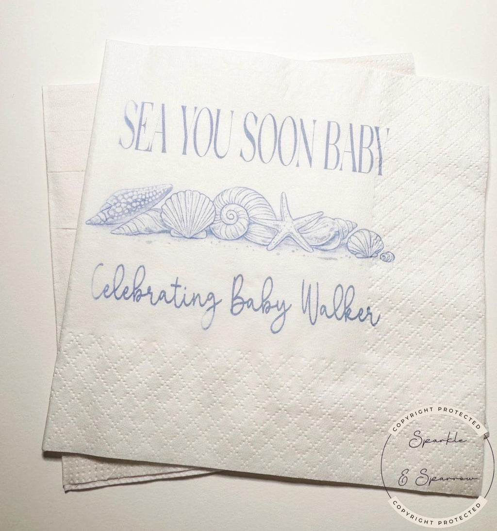 Sea You Soon Baby Shower Coastal Baby Shower Seashell Summer Baby Shower Nautical Personalized Cocktail or Luncheon Napkins, Set of 25