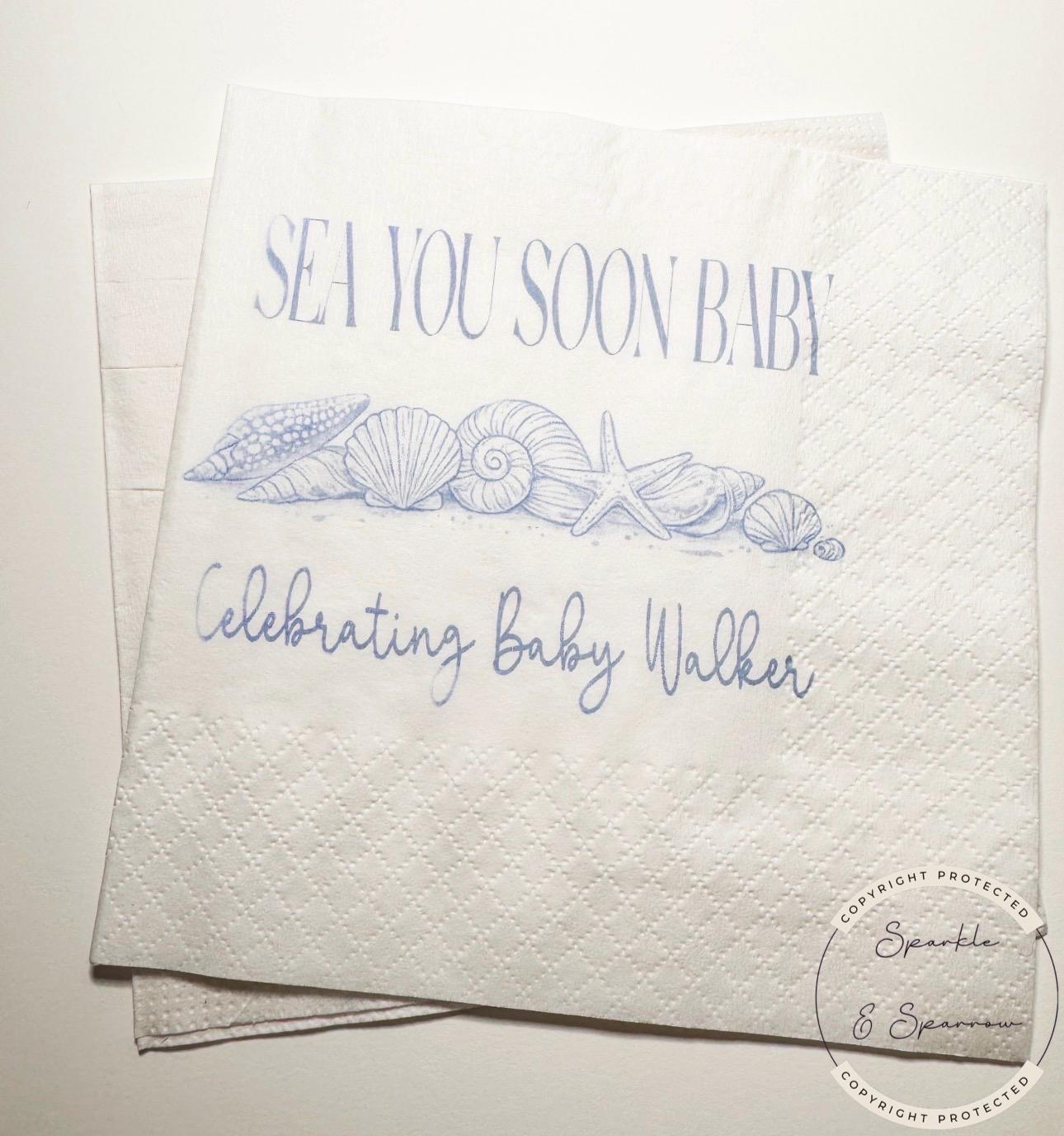 Sea You Soon Baby Shower Coastal Baby Shower Seashell Summer Baby Shower Nautical Personalized Cocktail or Luncheon Napkins, Set of 25