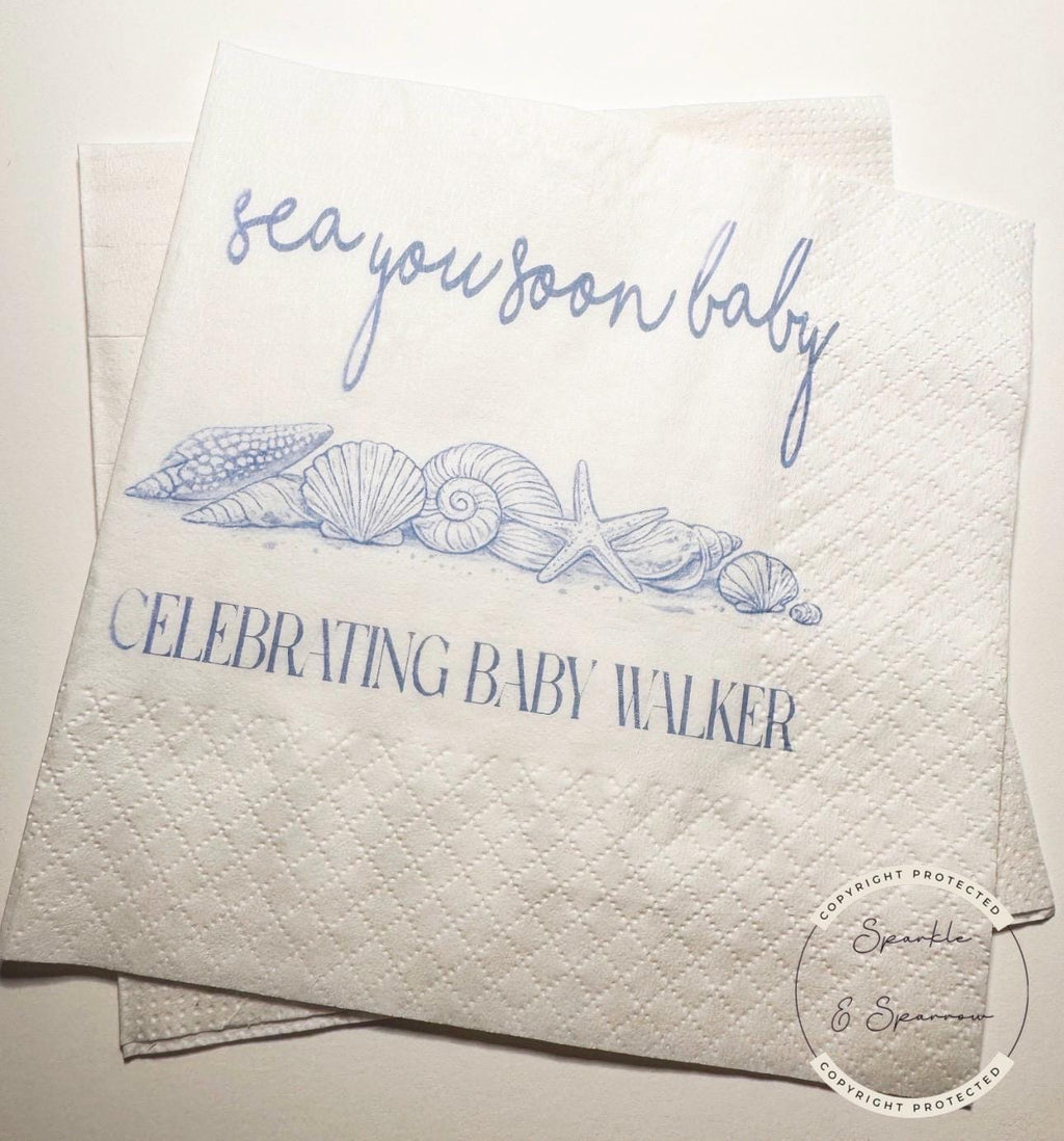 Sea You Soon Baby Shower Coastal Baby Shower Seashell Summer Baby Shower Nautical Personalized Cocktail or Luncheon Napkins, Set of 25