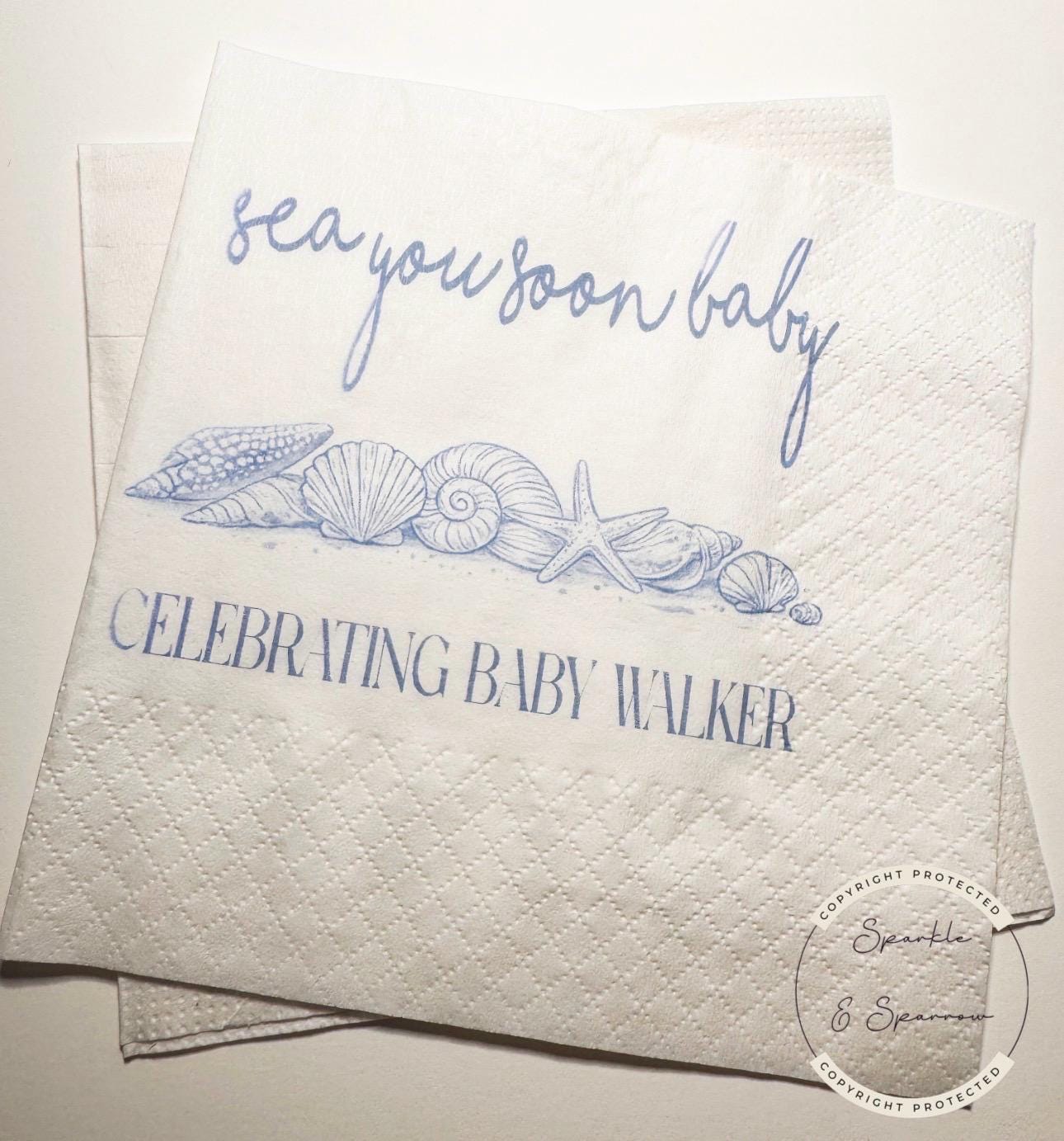 Sea You Soon Baby Shower Coastal Baby Shower Seashell Summer Baby Shower Nautical Personalized Cocktail or Luncheon Napkins, Set of 25