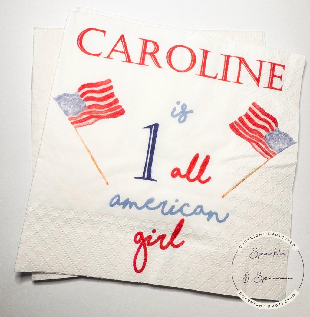 One All American Girl Patriotic 1st Birthday 4th of July Birthday Red White Blue Personalized Birthday Party Cocktail Napkins, Set of 25