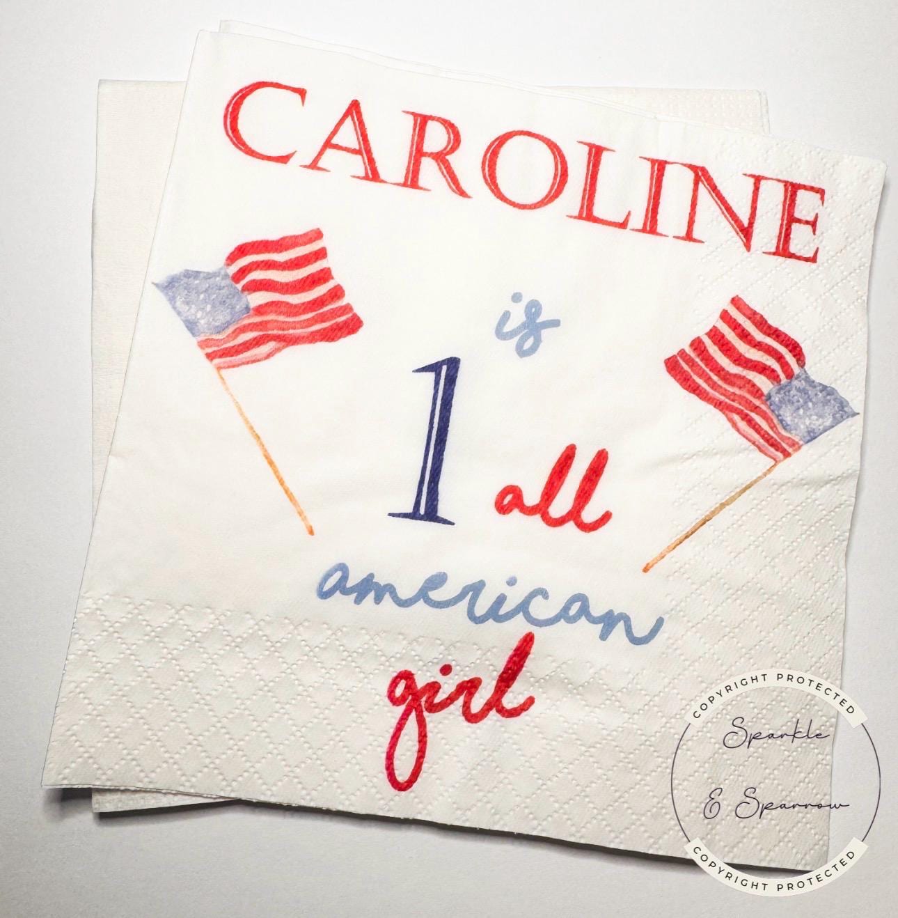 One All American Girl Patriotic 1st Birthday 4th of July Birthday Red White Blue Personalized Birthday Party Cocktail Napkins, Set of 25