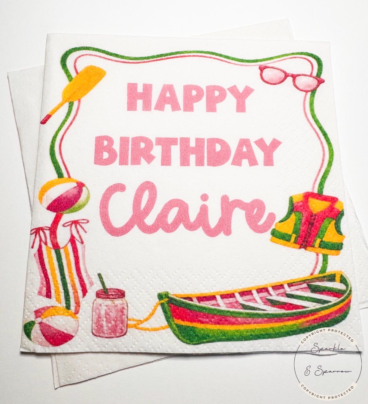 Lake Birthday Summer Birthday Party Pink Green Lake Summer Birthday Party Personalized Cocktail, Luncheon or Dinner Napkins Set of 25