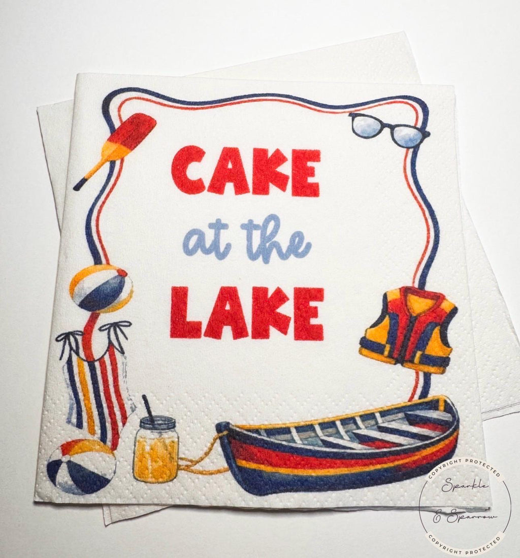 Cake at the Lake Birthday Summer Birthday Party Navy Lake Summer Birthday Party Personalized Cocktail, Luncheon or Dinner Napkins Set of 25