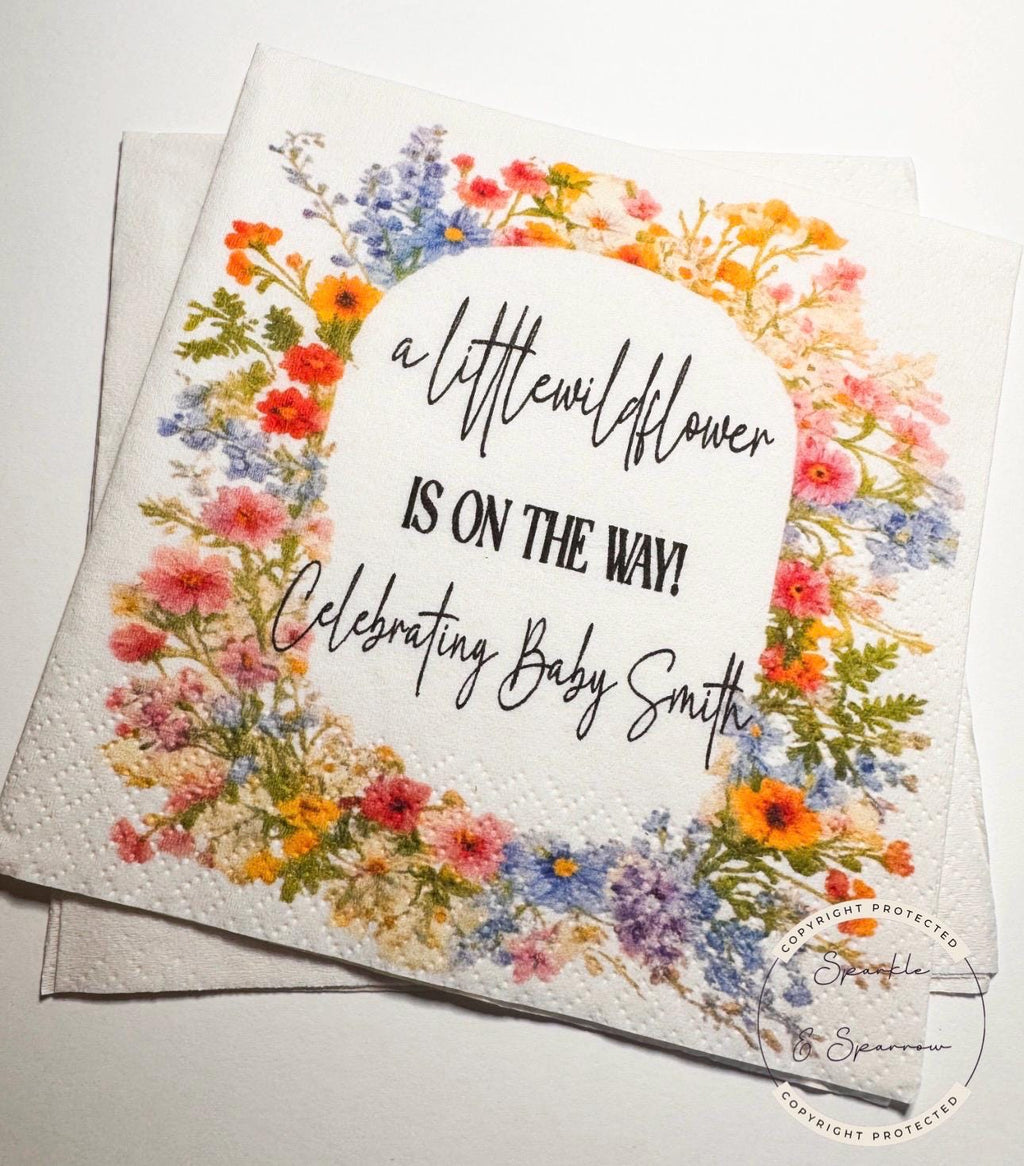 A Little Wildflower is on the Way Baby Shower Summer Wildflower Baby Shower Personalized Cocktail, Luncheon or Dinner Napkins Set of 25